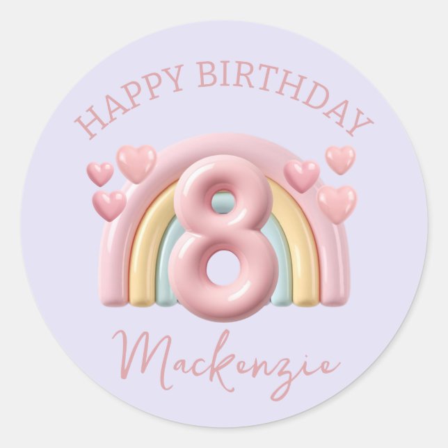 3D Rainbow 8th Birthday Girl on Purple Classic Round Sticker (Front)