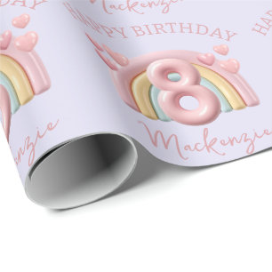 3D Rainbow 8th Birthday Party For Girl Purple Wrapping Paper