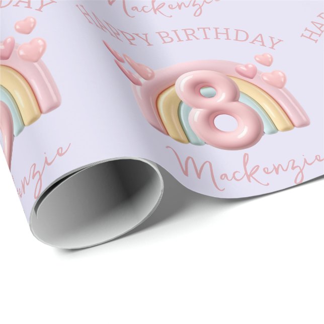 3D Rainbow 8th Birthday Party For Girl Purple Wrapping Paper (Roll Corner)