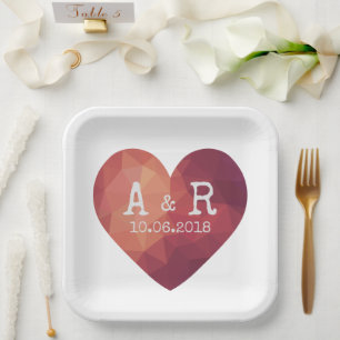 3d red heart couple monograms and date paper plate