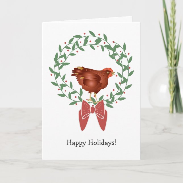 3D Red hen on graphic Christmas wreath/berries Holiday Card (Front)