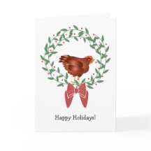 3D Red hen on graphic Christmas wreath/berries