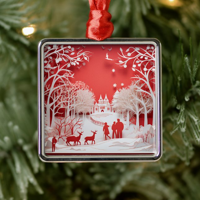 3D Reindeers and People in Village Metal Ornament (Tree)