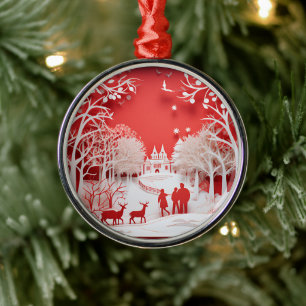 3D Reindeers and People in Village Metal Ornament