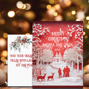 3D Reindeers and People in Village Postcard