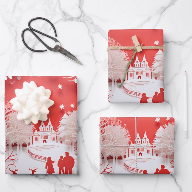 3D Reindeers and People in Village Wrapping Paper Sheet (Front)