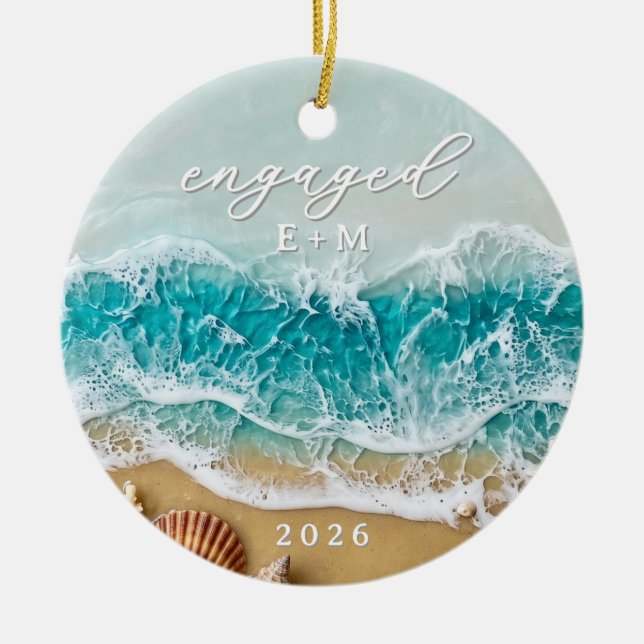 3D Resin Ocean Beach Engaged Custom Initials Ceramic Ornament (Front)