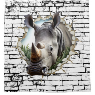 3D Rhinoceros Wall Break Art – Realistic Safari Shower Curtain