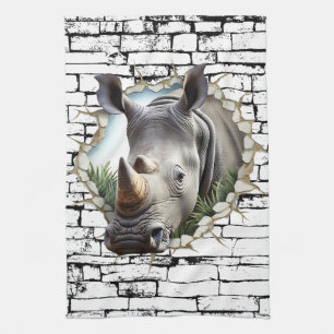 3D Rhinoceros Wall Break Art – Realistic Safari Tea Towel