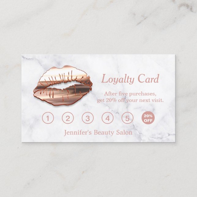 3D Rose Gold Lips Makeup Salon Marble Loyalty Card (Front)