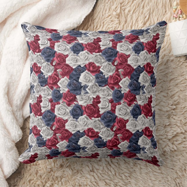 3d Roses Red Navy White Cushion (Blanket)