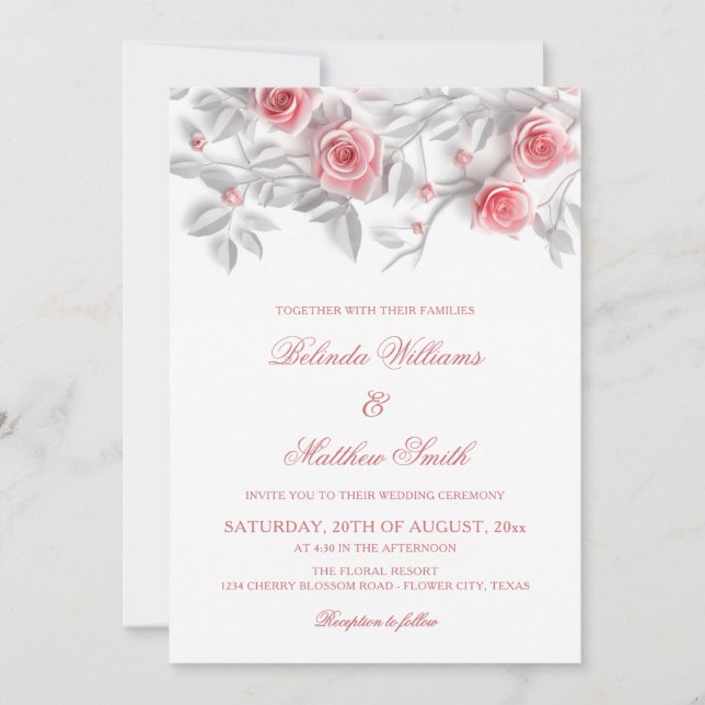  3D Roses Simple White Floral Wedding Invitation (Front)