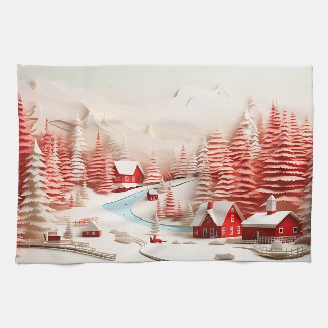 3D Scandinavian Winter Landscape Tea Towel (Horizontal)
