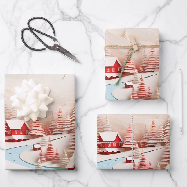 3D Scandinavian Winter Landscape Wrapping Paper Sheet (Front)