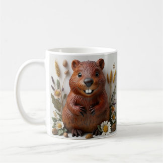 3D Sculpture Of A Cheerful Beaver With Flowers Coffee Mug