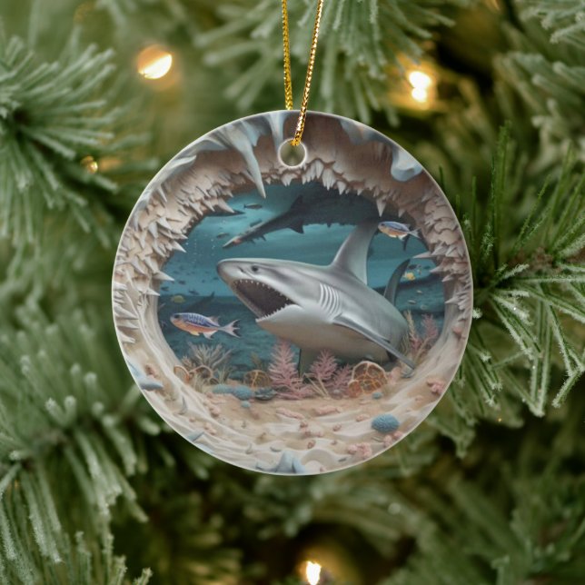 3D Shark Attack Christmas  Ceramic Ornament (Tree)