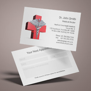 3D Silver Caduceus Cross Red Medical  Appointment Card