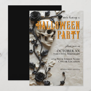3D Skull & Black Roses Halloween Party Invitation
