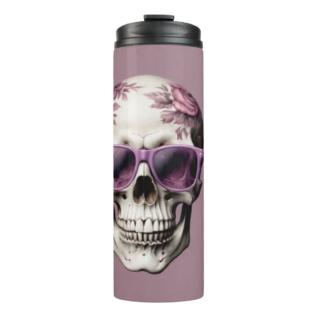 3D skull with lavender floral design & sunglasses Thermal Tumbler (Front)