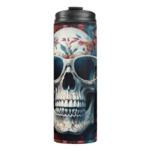 3D skull with peach floral design and sunglasses