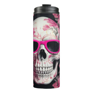 3D skull with pink floral design and sunglasses Thermal Tumbler
