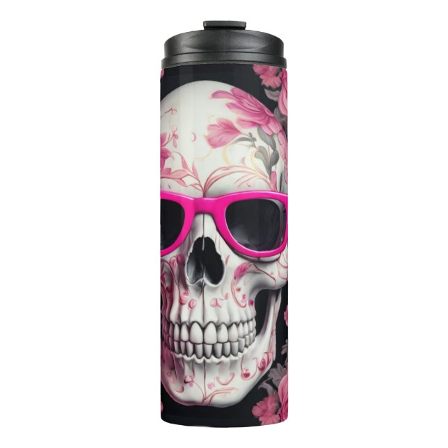 3D skull with pink floral design and sunglasses Thermal Tumbler (Front)