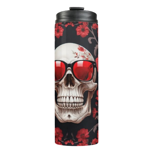 3D skull with red floral design and sunglasses Thermal Tumbler (Front)