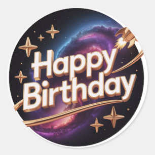 3D Space Rocket Happy Birthday Galaxy Round Sticke Classic Round Sticker
