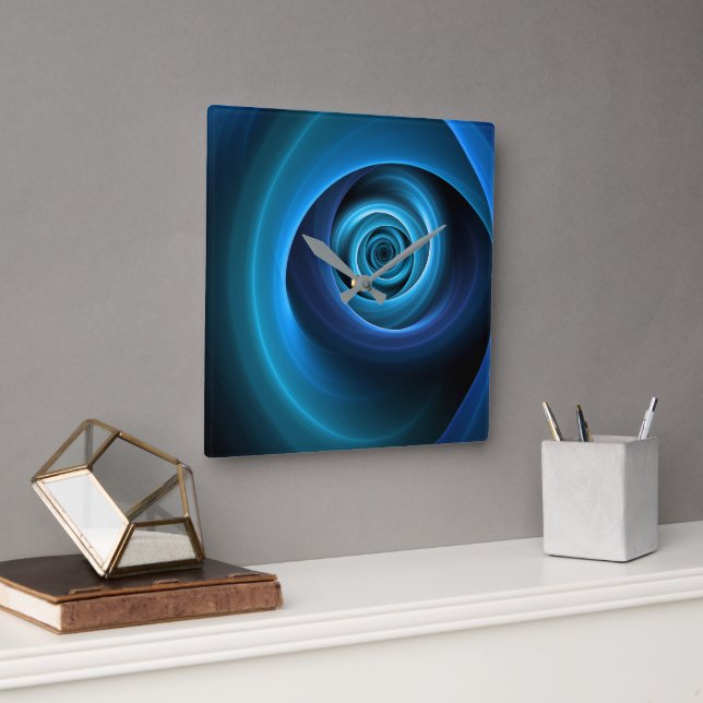 3D Spiral Blue Colours Modern Abstract Fractal Art Square Wall Clock (Office)