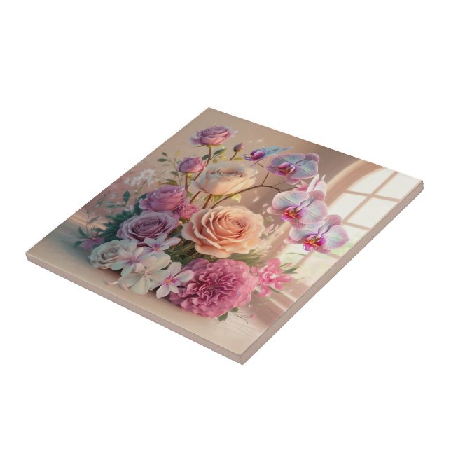 3D Spring Flowers Greeting Card with Roses  Ceramic Tile (Side)