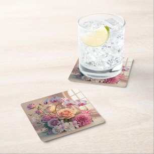 3D Spring Flowers Greeting Card with Roses Square Paper Coaster