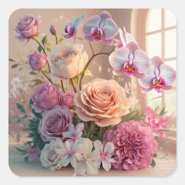 3D Spring Flowers Greeting Card with Roses  Square Sticker (Front)