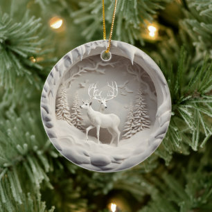 3D Style Deer Buck Country Cabin Christmas Holiday Ceramic Ornament