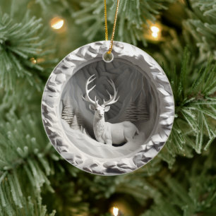 3D Style Deer Buck Country Cabin Christmas Holiday Ceramic Ornament