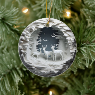 3D Style Deer Buck Country Cabin Christmas Holiday Ceramic Ornament