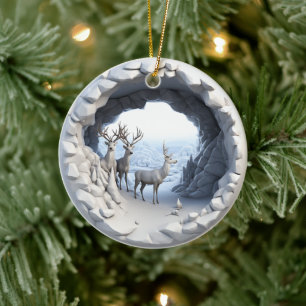 3D Style Deer Bucks Winter Christmas Holiday Ceramic Ornament
