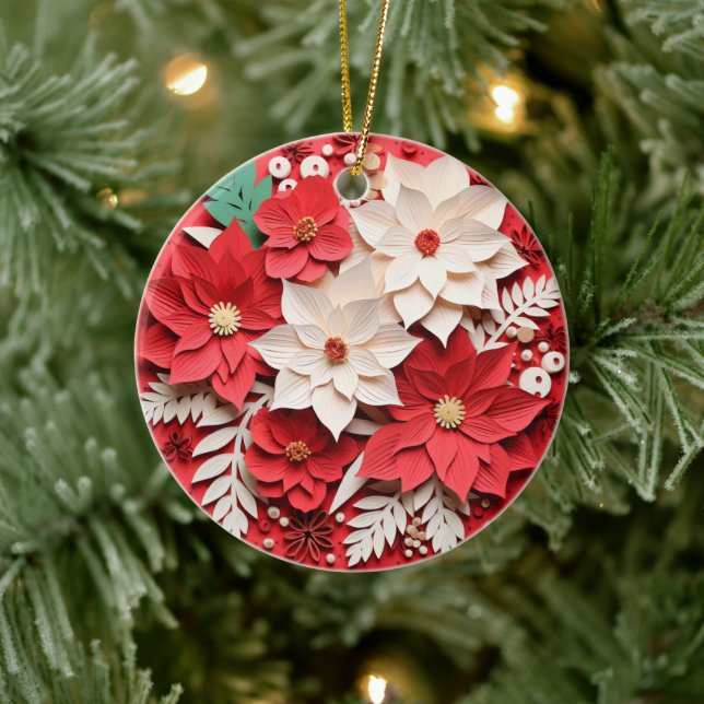 3D Style Poinsettia Flowers Christmas Holiday Ceramic Ornament (Tree)