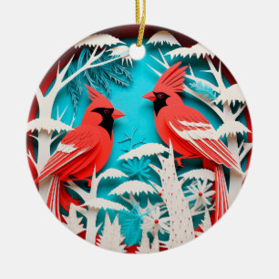 3D Style Red Cardinal Bird Christmas Holiday Ceramic Ornament