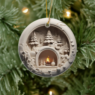 3D Style Winter Fireplace Christmas Holiday Ceramic Ornament