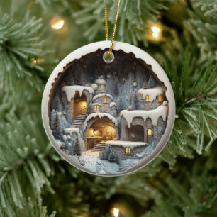 3D Style Winter Snowy Night Christmas Holiday Ceramic Ornament