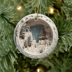 3D Style Winter Trees & Stars Christmas Holiday Ceramic Ornament