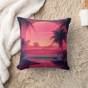 3d sunset on the beach. Retro palms Cushion