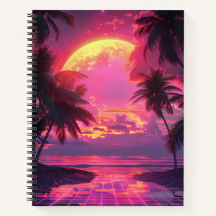 3d sunset on the beach. Retro palms  Notebook