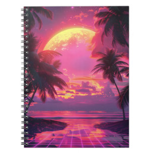 3d sunset on the beach. Retro palms  Notebook