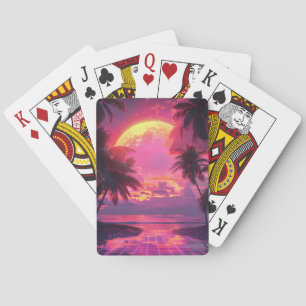 3d sunset on the beach. Retro palms  Playing Cards