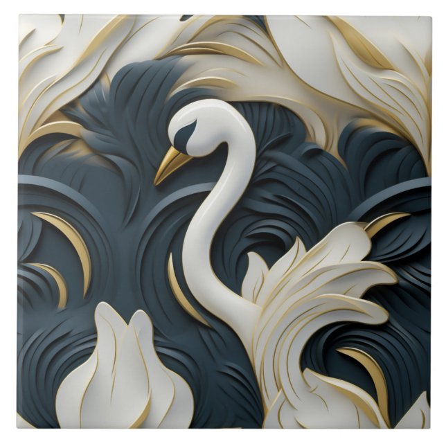 3D Swan, White Gold and Blue Ceramic Tile (Front)