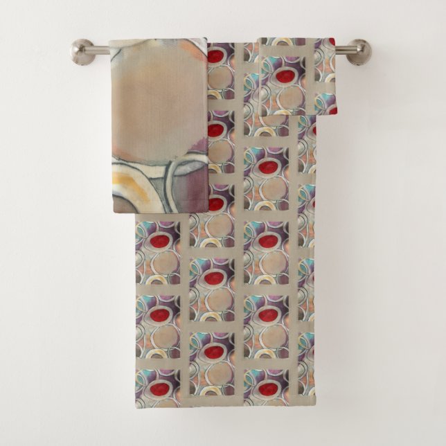 3D Tan and Burgundy Modern Pattern Bath Towel Set (Insitu)