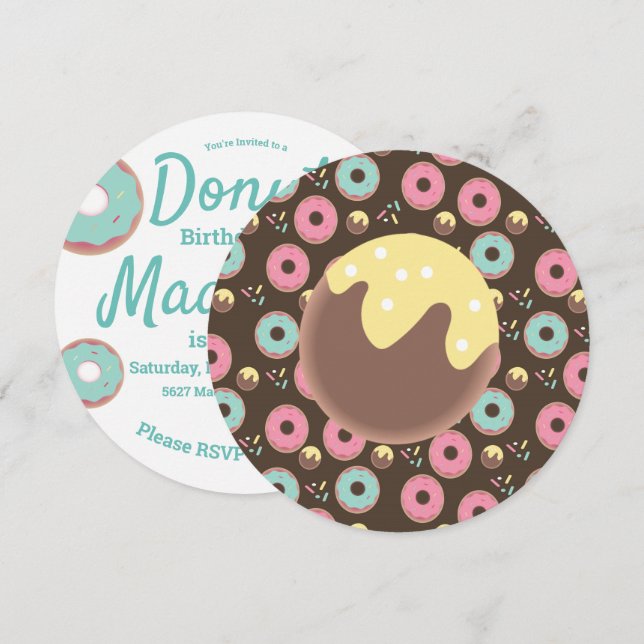 3D Teal and Pink Doughnut Hole Sprinkle Mix Round Invitation (Front/Back)