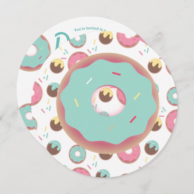 3D Teal and Pink Doughnut Sprinkle Mix Round Invitation (Front/Back)