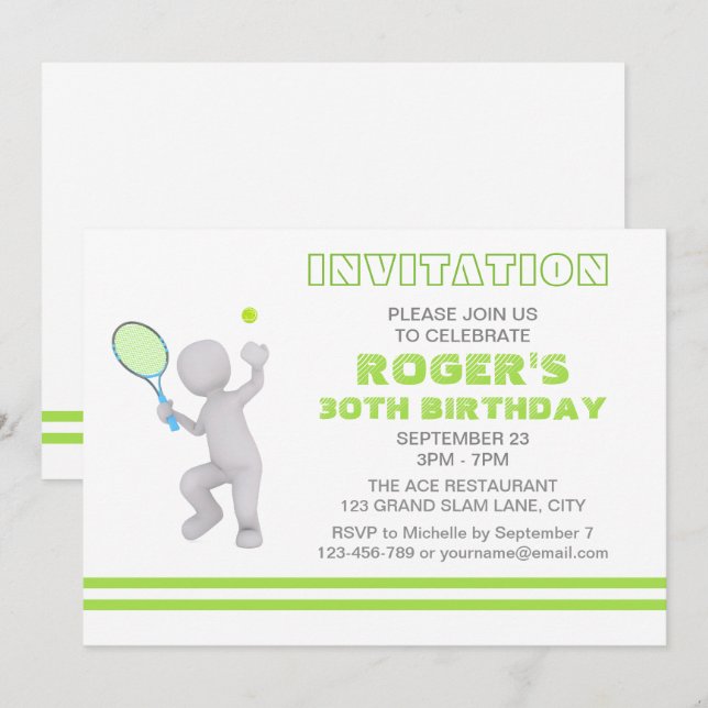 3D Tennis Player Tennis Racket Ball Personalised Invitation (Front/Back)